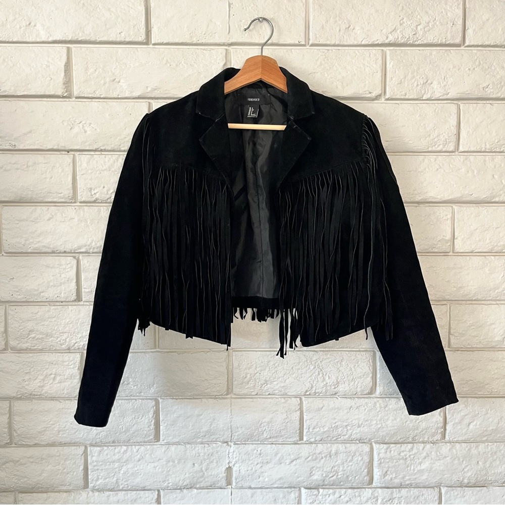 Black Genuine Leather Crop Fringe Western Jacket Small - Picture 2 of 5